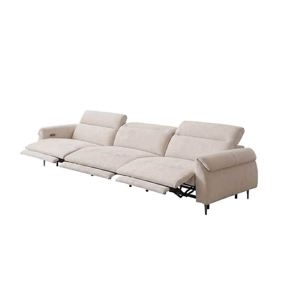 Cream three-seat reclining sofa with extended footrests and padded arms on a white background.