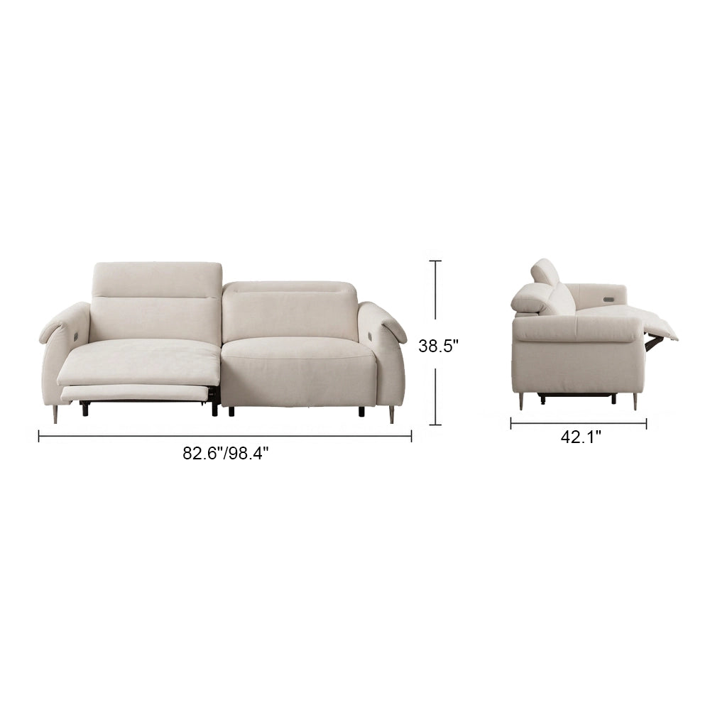 Front and side dimension diagram of the two-seat cream reclining sofa.