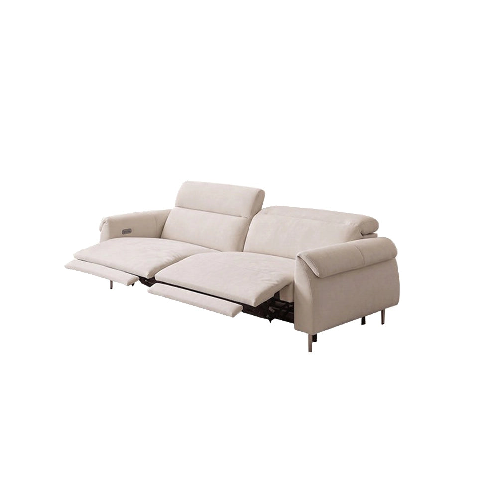 Cream two-seat reclining sofa with both footrests extended on a white background.