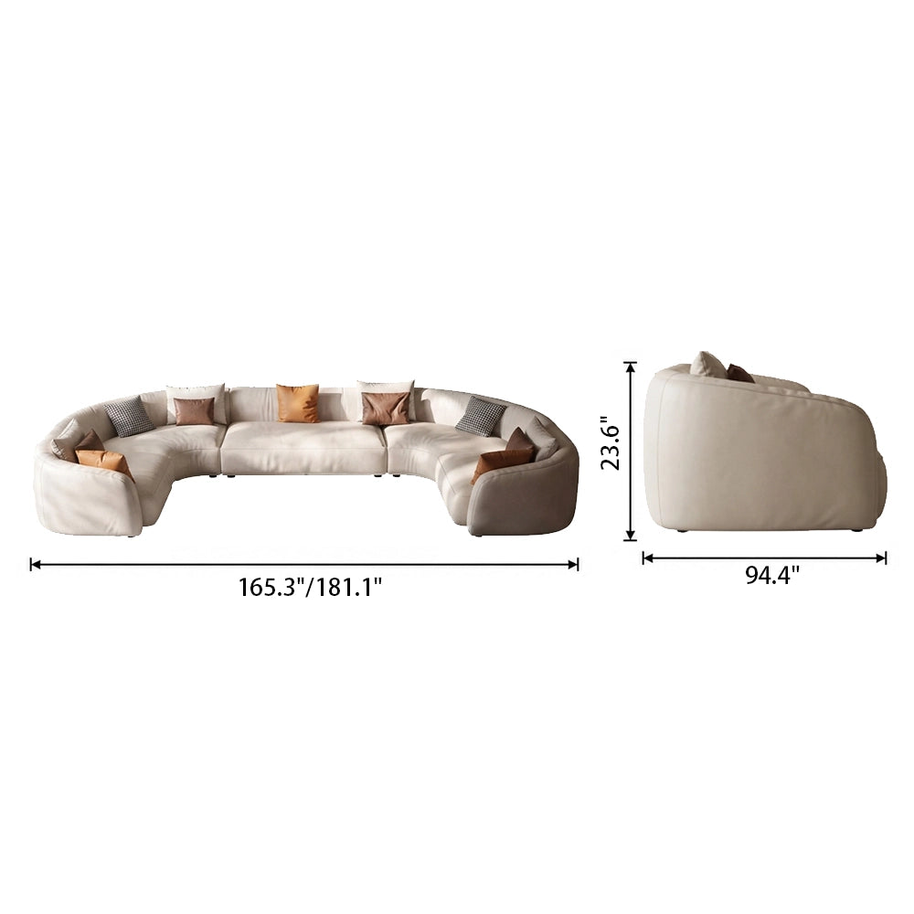 Front and side dimension diagram of the cream U-shaped modular sofa.