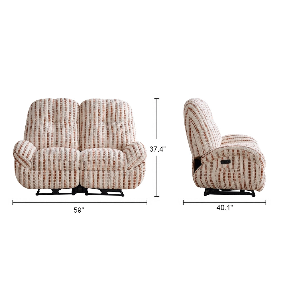 Front and side dimension diagram of the cream and rust striped reclining loveseat.