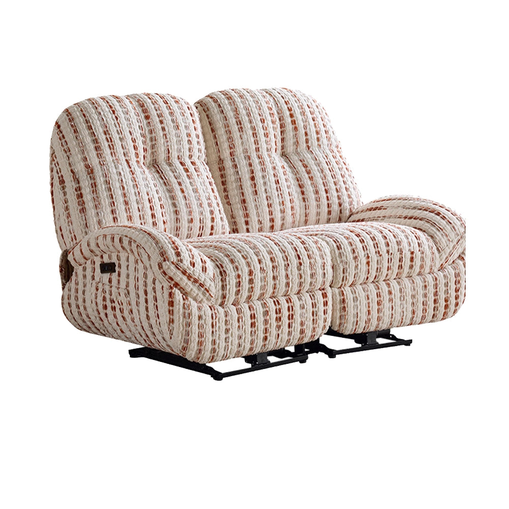Cream and rust striped reclining loveseat in upright form on a white background.