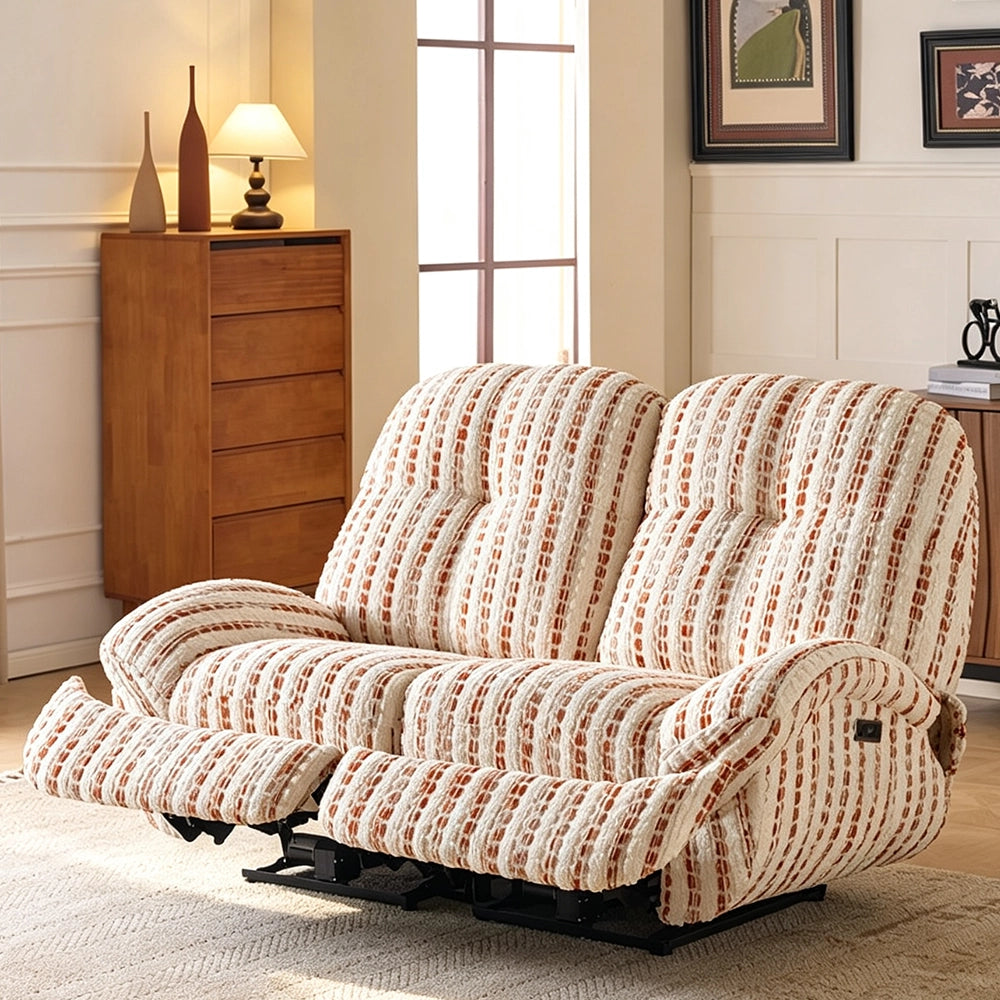 Cream and rust striped loveseat with lowered backrests and extended footrests, viewed from the opposite side.