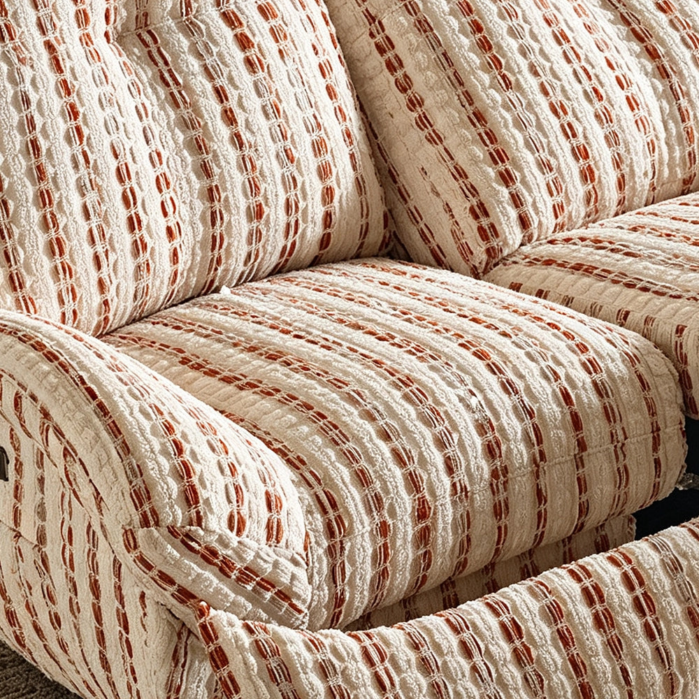 Close-up of the loveseat's cream and rust striped seat and back upholstery.