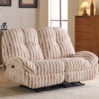 Cream and rust striped loveseat in upright form with curved padded arms and divided back cushions.