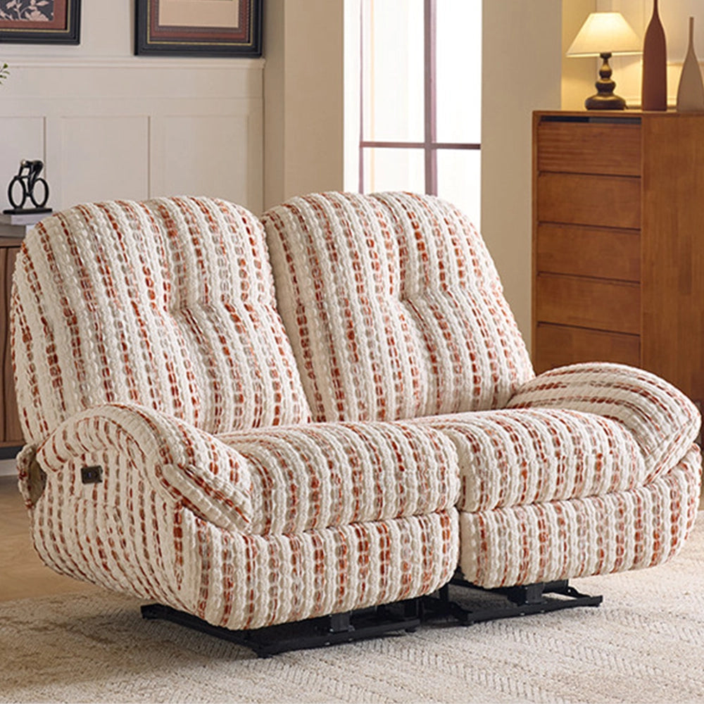 Cream and rust striped loveseat in upright form with curved padded arms and divided back cushions.