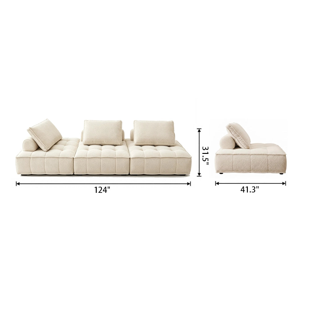 Front and side dimension diagram of the three-section cream tufted modular sofa.