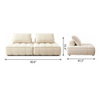 Front and side dimension diagram of the two-section cream tufted modular sofa.