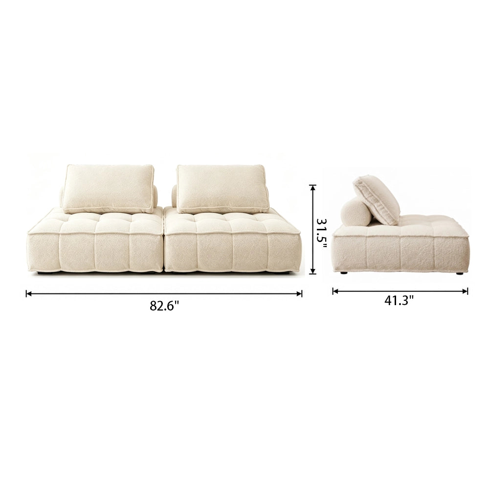 Front and side dimension diagram of the two-section cream tufted modular sofa.