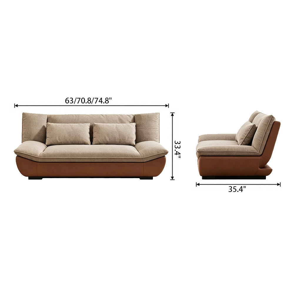 Dimension diagram of the taupe cushioned sofa with a brown curved base.