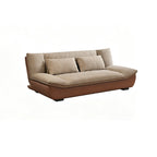 Taupe cushioned sofa with a smooth curved brown base and low dark feet on a white background.