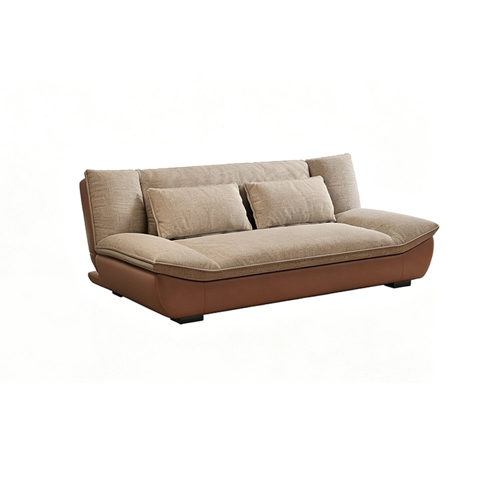 Taupe cushioned sofa with a smooth curved brown base and low dark feet on a white background.