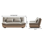 Dimension diagram of the gray cushioned sofa with a taupe curved base.