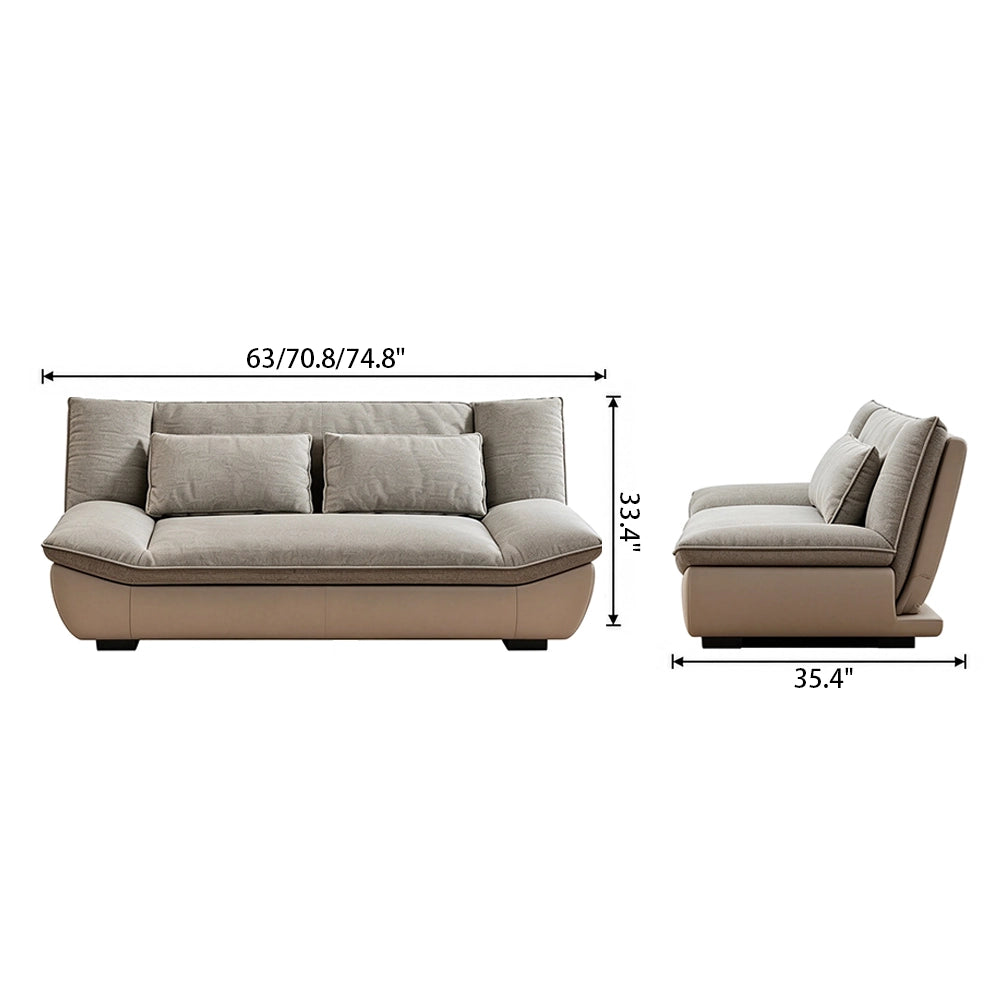 Dimension diagram of the gray cushioned sofa with a taupe curved base.