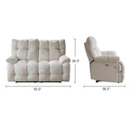 Front and side dimension diagram of the deeply cushioned reclining loveseat in upright form.