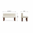 Front and side dimension diagram of the cream bench with two cylindrical back cushions.