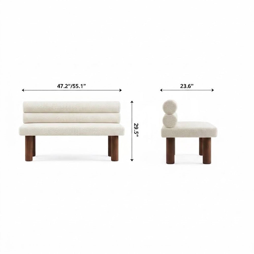 Front and side dimension diagram of the cream bench with two cylindrical back cushions.