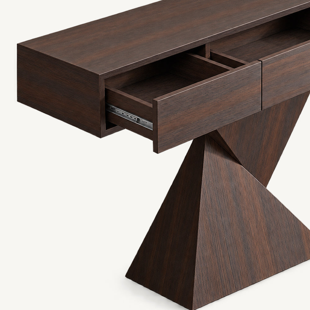 Close-up of the console table with drawers pulled open, showing storage interiors and a drawer runner.
