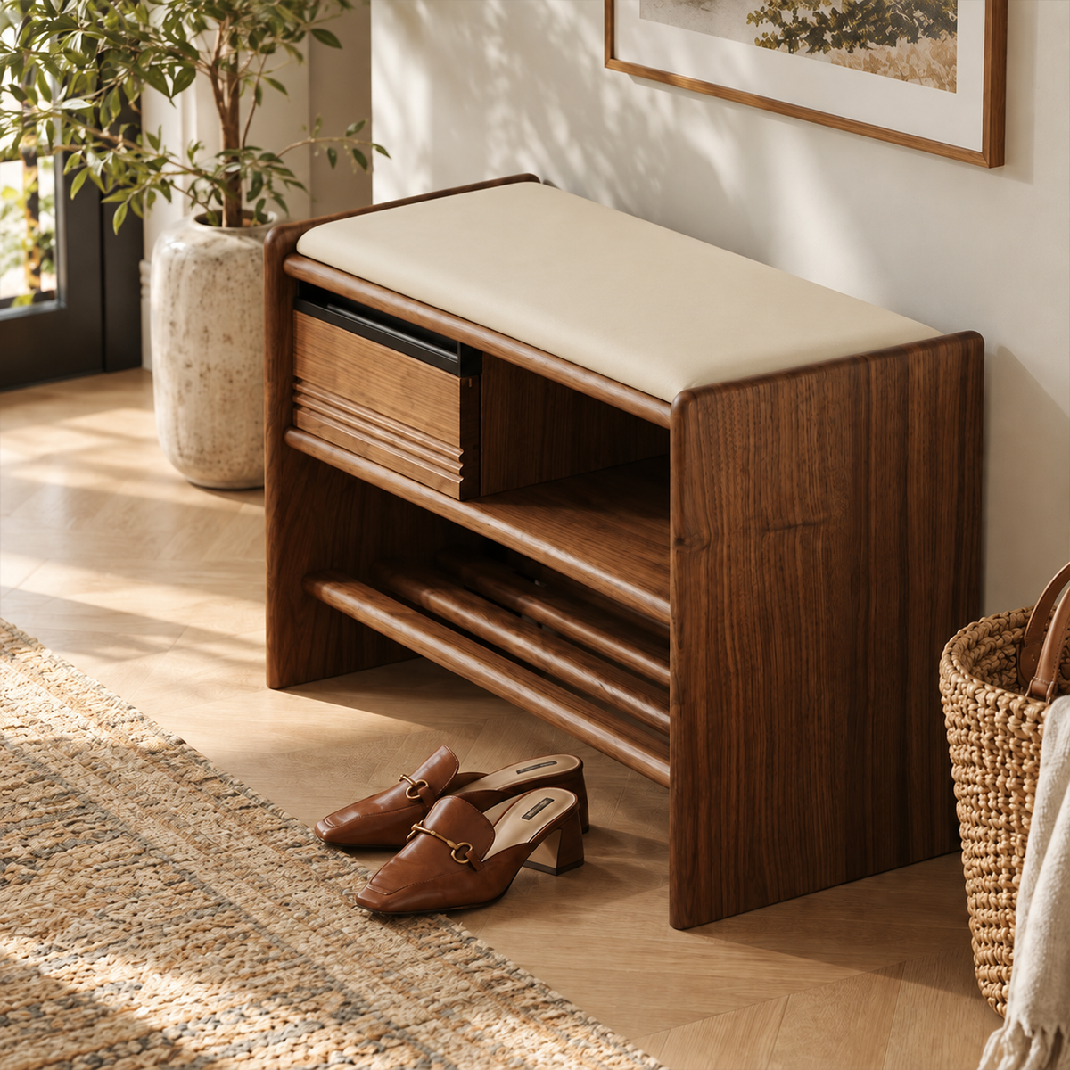 Entryway bench with a cream seat cushion, brown frame, grooved drawer, open cubby and lower shoe rack, viewed from above.