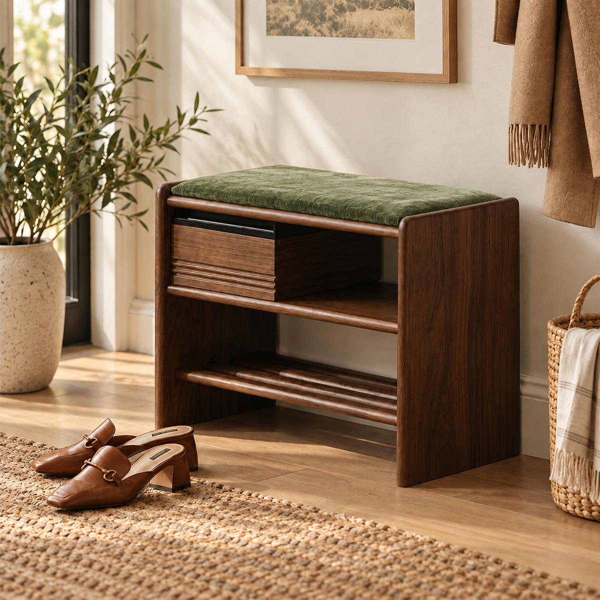 Angled entryway view of the green-cushion bench with a brown frame and lower slatted shoe rack.