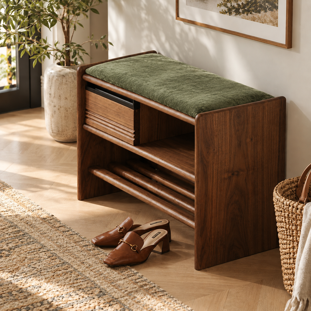 Entryway bench with a green seat cushion, brown frame, grooved drawer, open cubby and lower shoe rack, viewed from above.