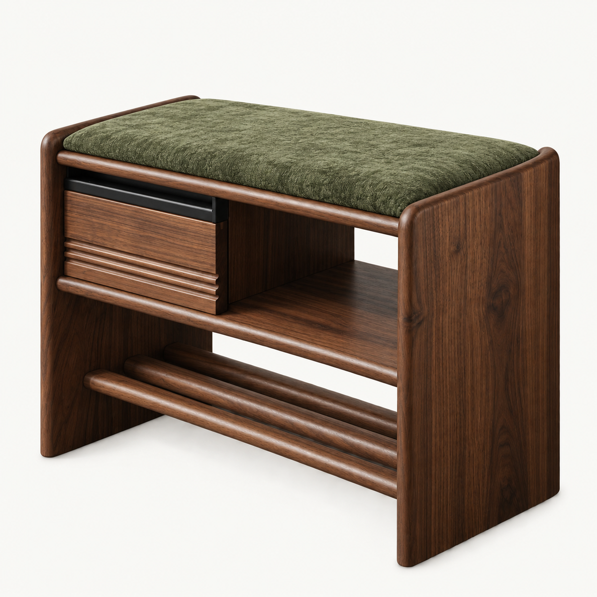 Brown storage bench with a green cushion, grooved drawer and open lower shoe shelf on a white background.