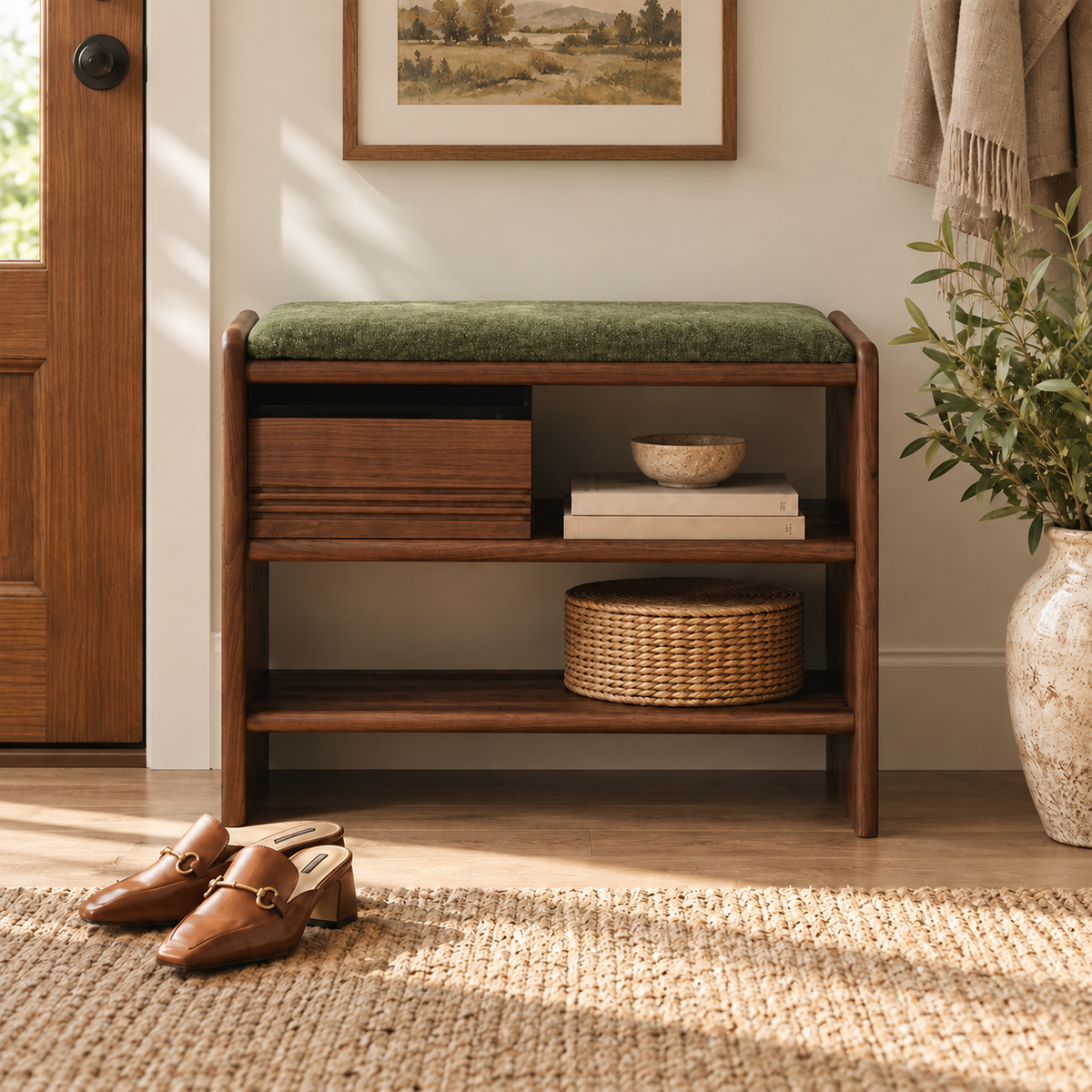 Front view of the brown shoe-storage bench with a green cushion, left drawer and right open cubby.