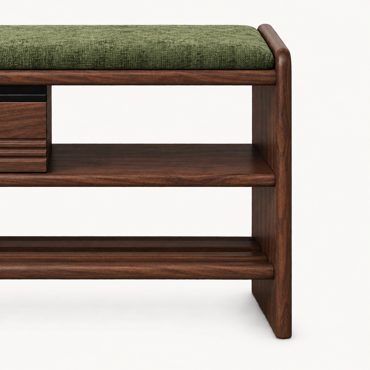 Close-up of the green-cushion bench's open cubby and lower shoe-rack bars.
