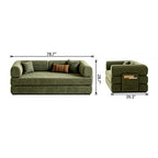 Front and side dimension diagram of the green fold-out sofa bed in sofa form.