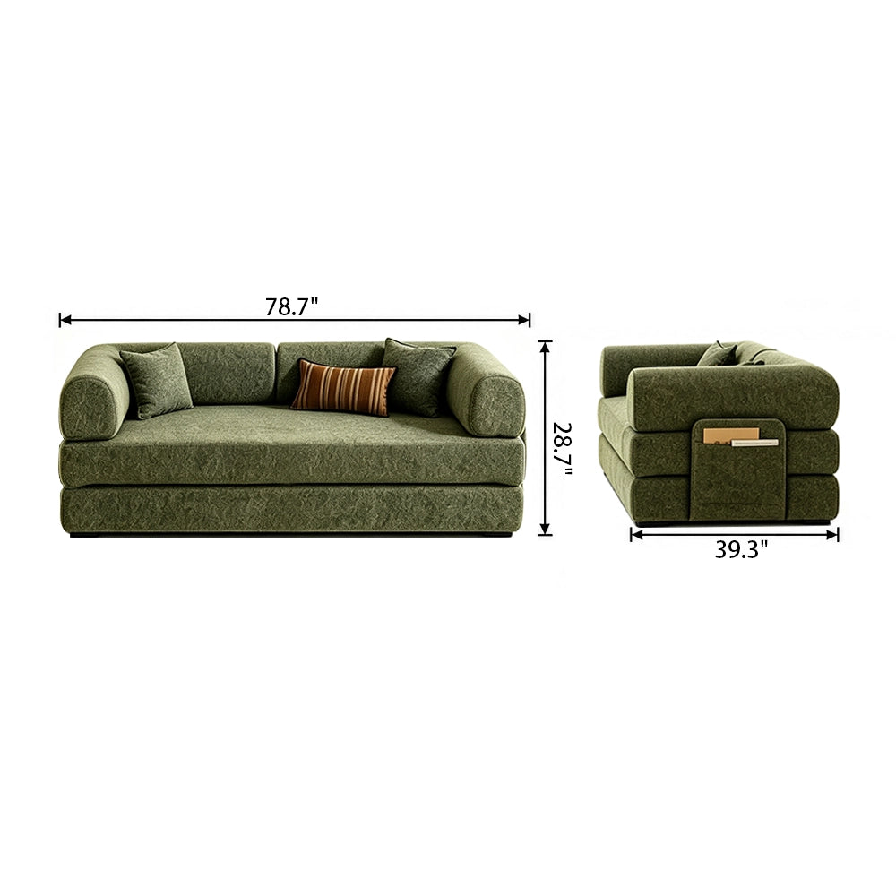 Front and side dimension diagram of the green fold-out sofa bed in sofa form.