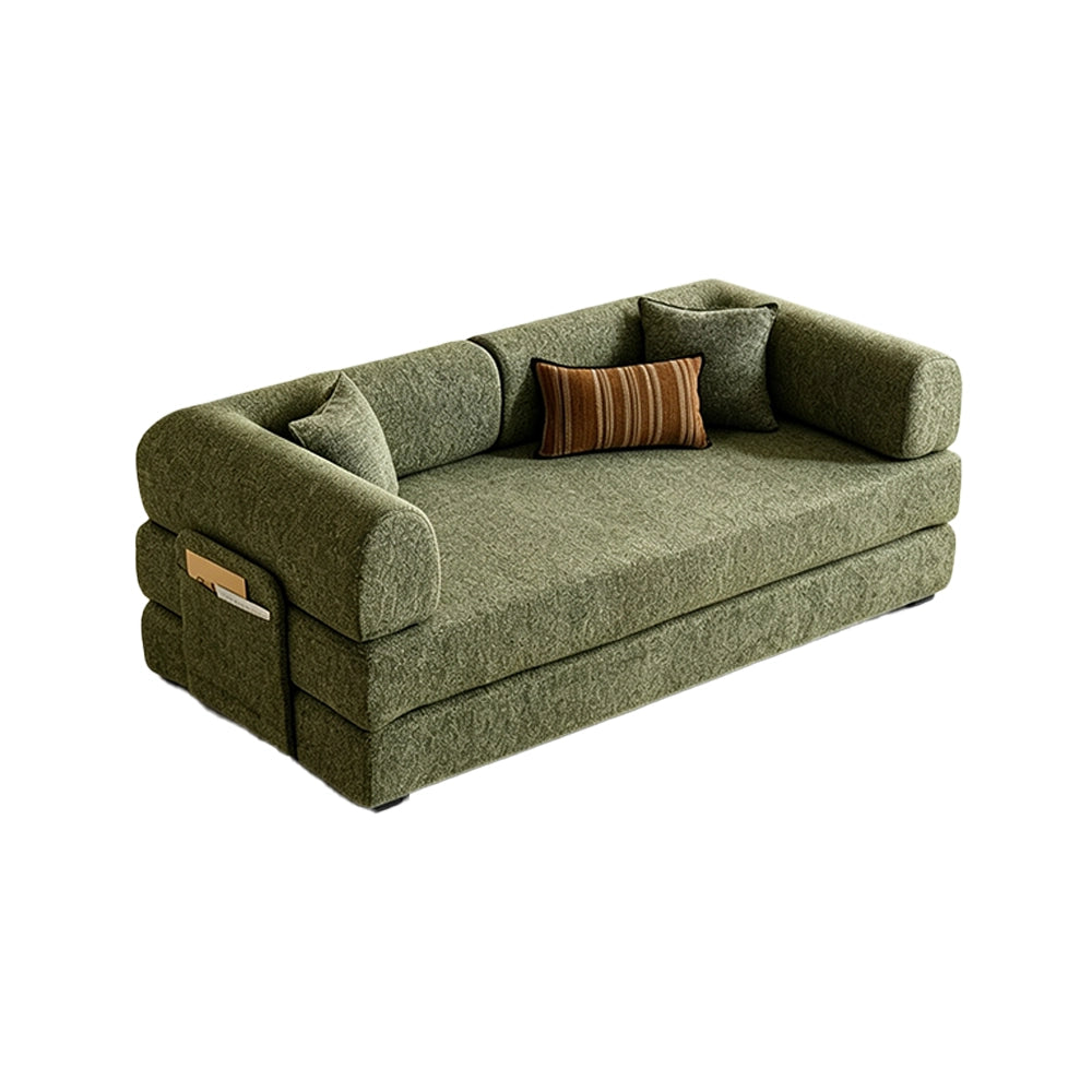 Green fold-out sofa bed with stacked cushions and rounded arms on a white background.