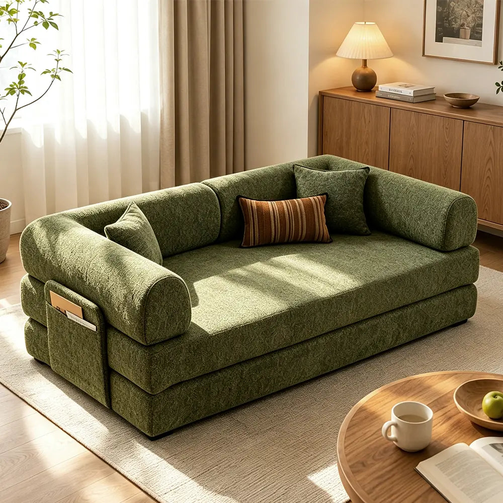 Green fold-out sofa bed in sofa form with stacked seat cushions, rounded arms and an outer side pocket.