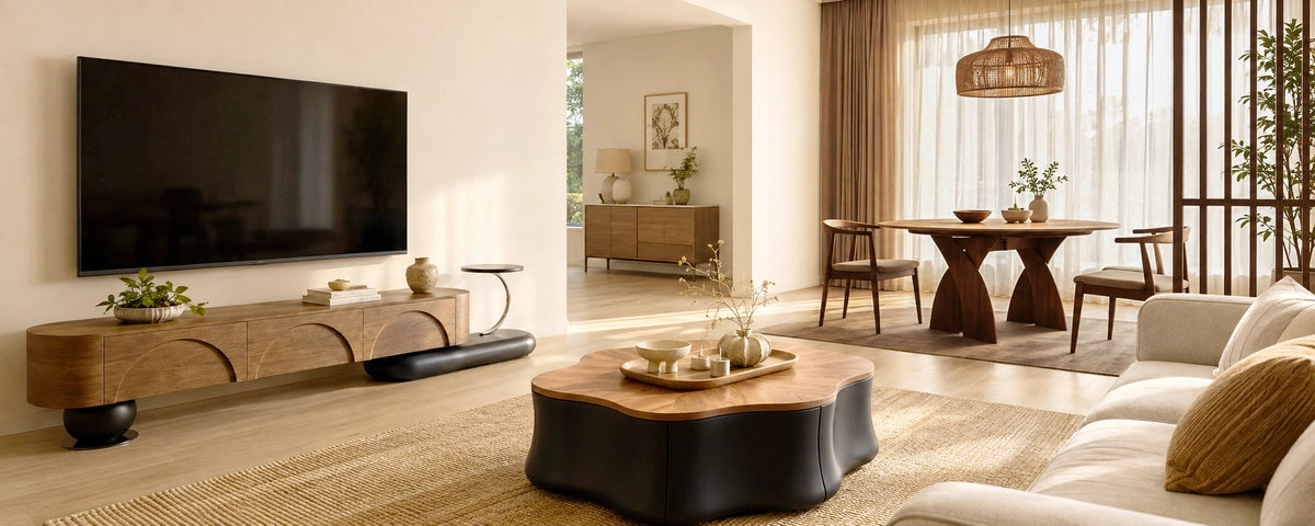 Sunlit living and dining room with a wood-tone TV console, sculptural coffee table and upholstered seating.