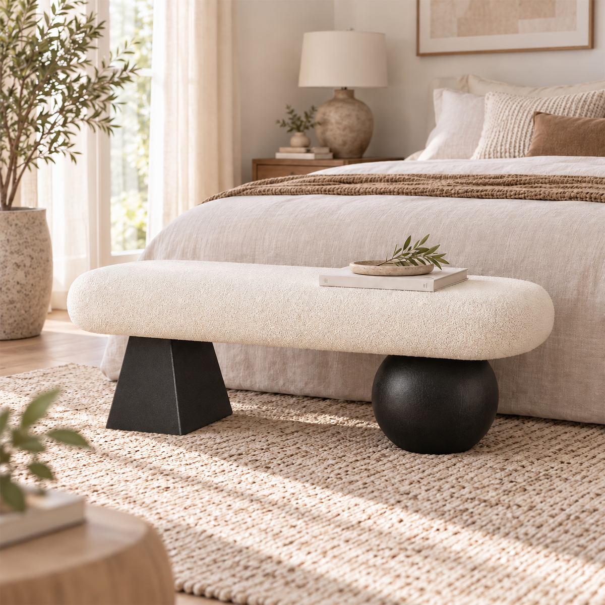 Cream upholstered bench with black geometric supports at the foot of a bed.