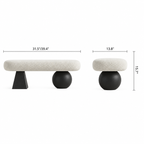 Front and side dimension diagram of the cream bench with black tapered and spherical supports.