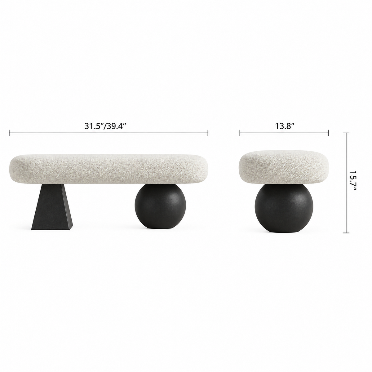 Front and side dimension diagram of the cream bench with black tapered and spherical supports.