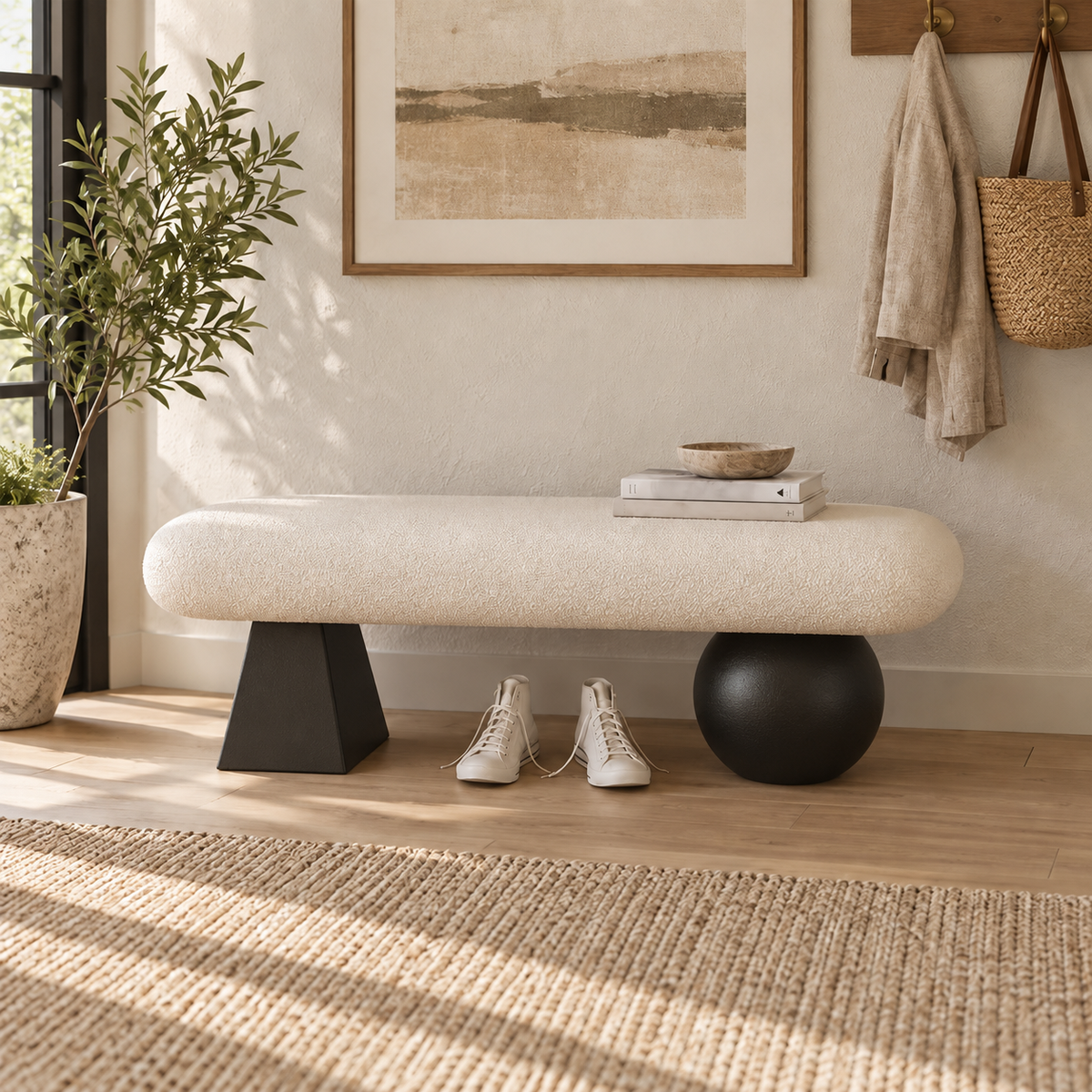 Front view of the cream bench with mismatched black geometric supports and shoes beneath the seat.