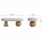 Front and side dimension diagram of the cream bench with light wood-tone tapered and spherical supports.