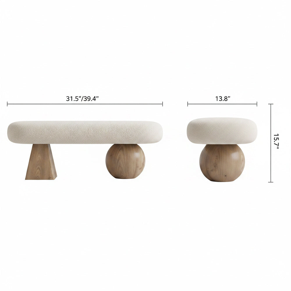 Front and side dimension diagram of the cream bench with light wood-tone tapered and spherical supports.