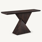 Dark brown console table with a thin rectangular top and two intersecting triangular pedestal panels.