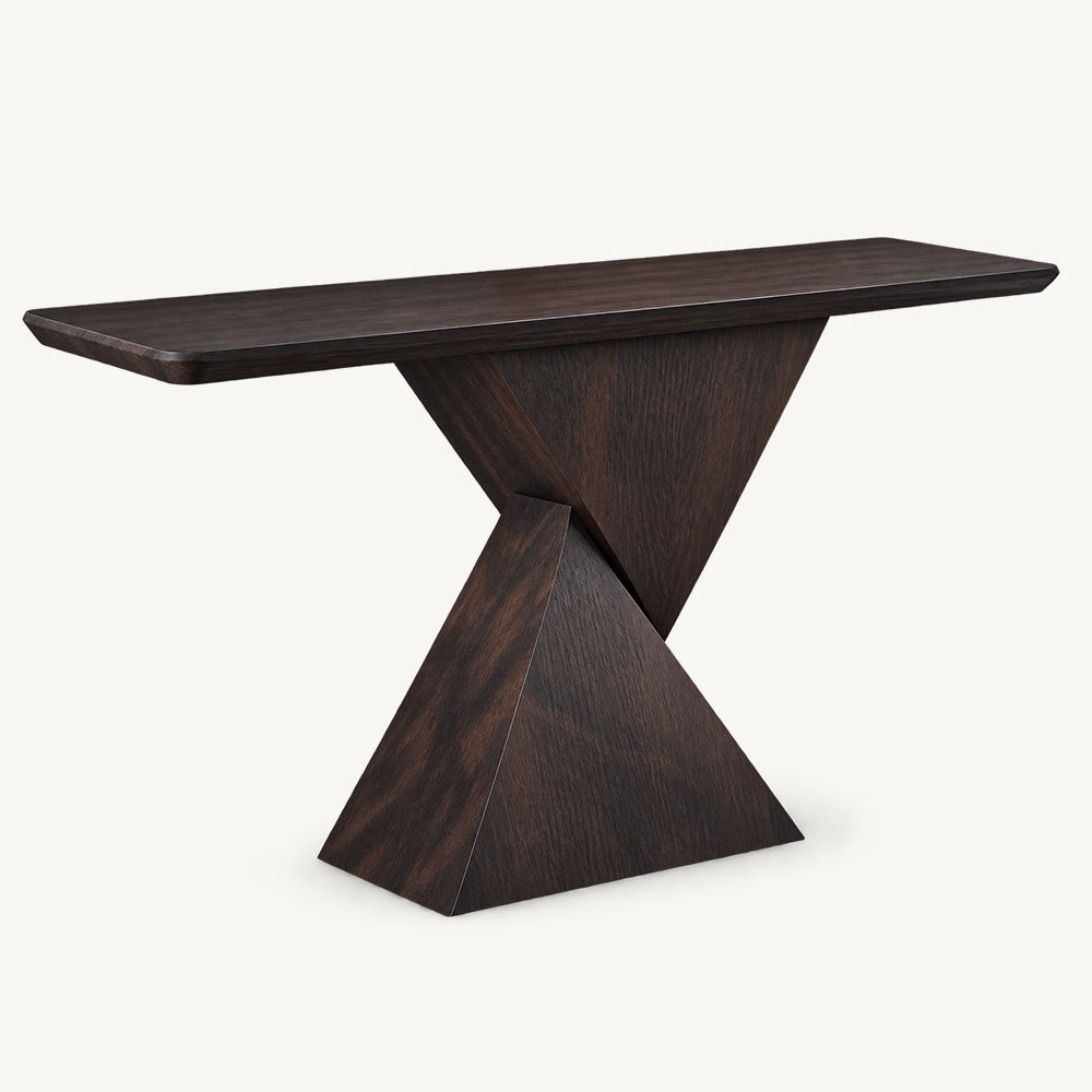 Dark brown console table with a thin rectangular top and two intersecting triangular pedestal panels.