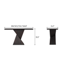 Front and side dimension diagram of the geometric-pedestal console table.