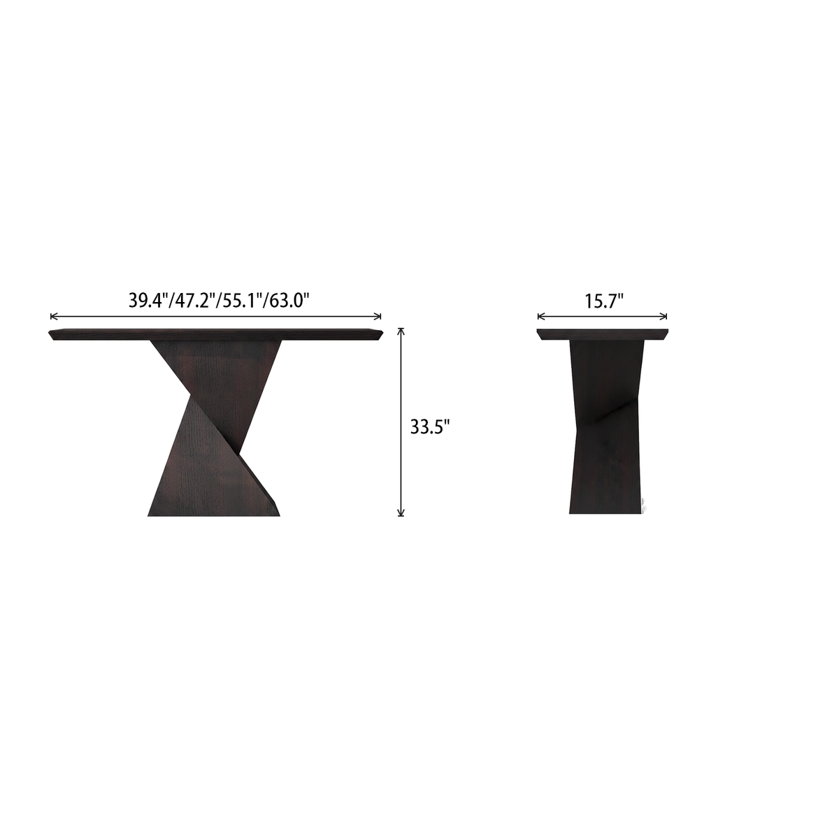 Front and side dimension diagram of the geometric-pedestal console table.