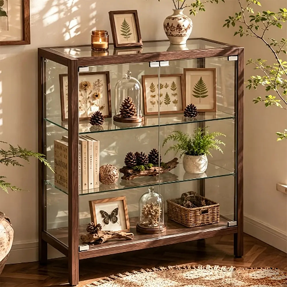 Dark brown framed glass display cabinet styled with botanical pictures, books and decorative objects.