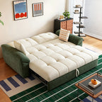 Green and cream sofa bed fully opened with its backrest lowered into a broad flat sleeping surface.