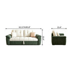 Front and side dimension diagram of the green and cream pull-out sofa bed in sofa form.
