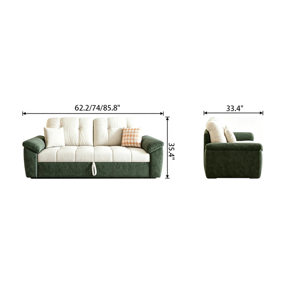 Front and side dimension diagram of the green and cream pull-out sofa bed in sofa form.