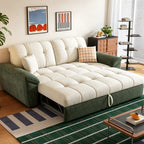 Green and cream sofa bed with the front sleeping section extended and back cushions upright.