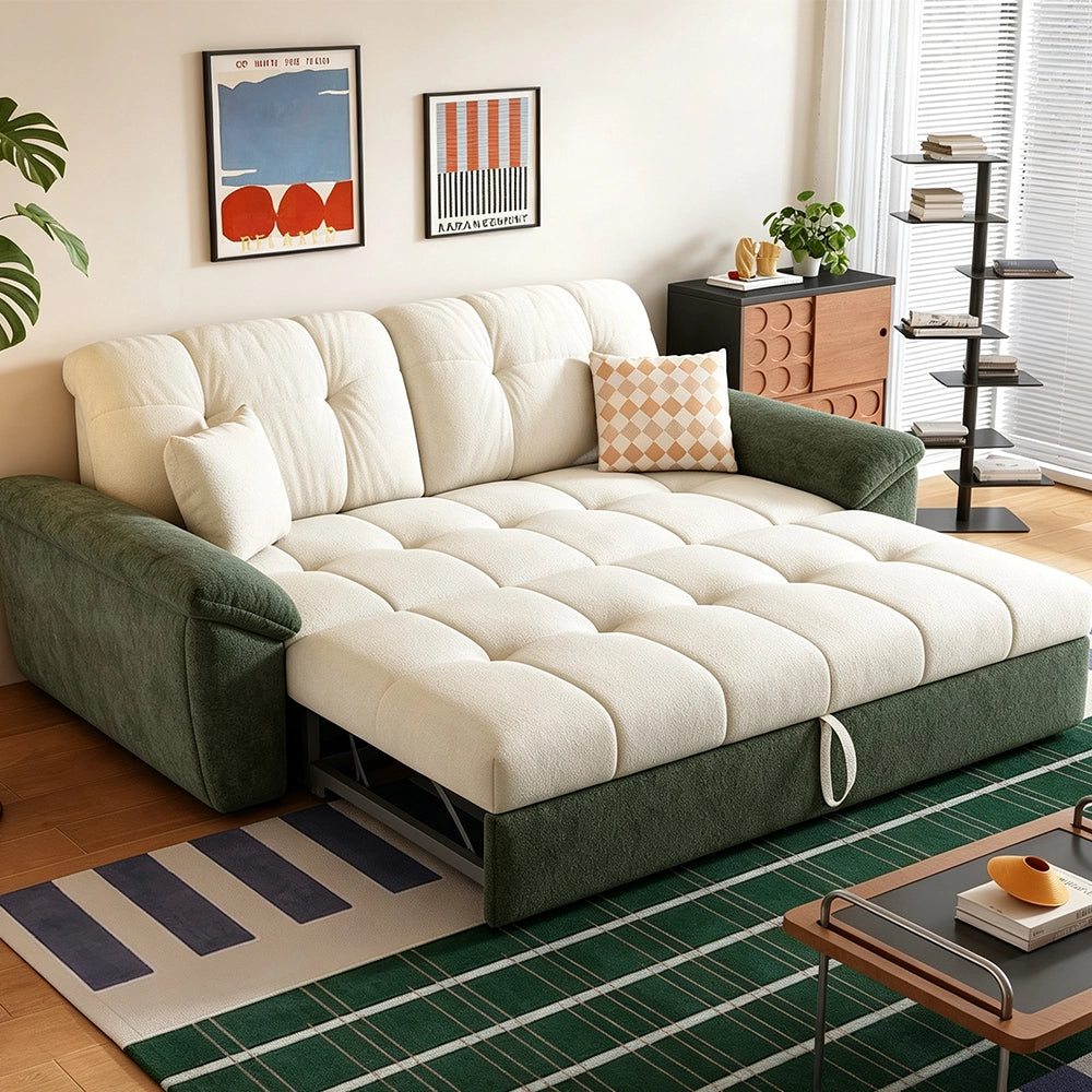 Green and cream sofa bed with the front sleeping section extended and back cushions upright.