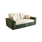 Green and cream pull-out sofa bed in sofa form on a white background.
